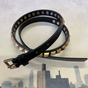 AllSaints Black Leather Skinny Belt w/ Gold Pyramid Studs, Women’s Size Small